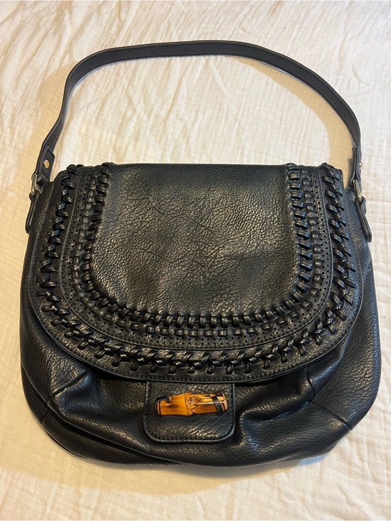 Big Buddha Handbags - Big Buddha Black Leather Hobo with Braided Trim and Amber wood like Accent